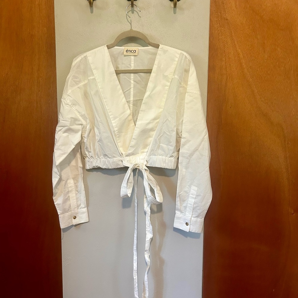 Etica April Surplice top - chic white long sleeve cropped wrap blouse, large